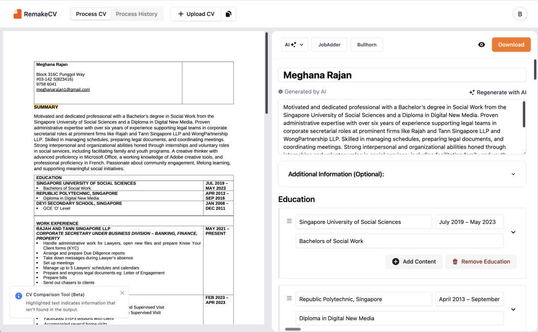 RemakeCV application interface and features