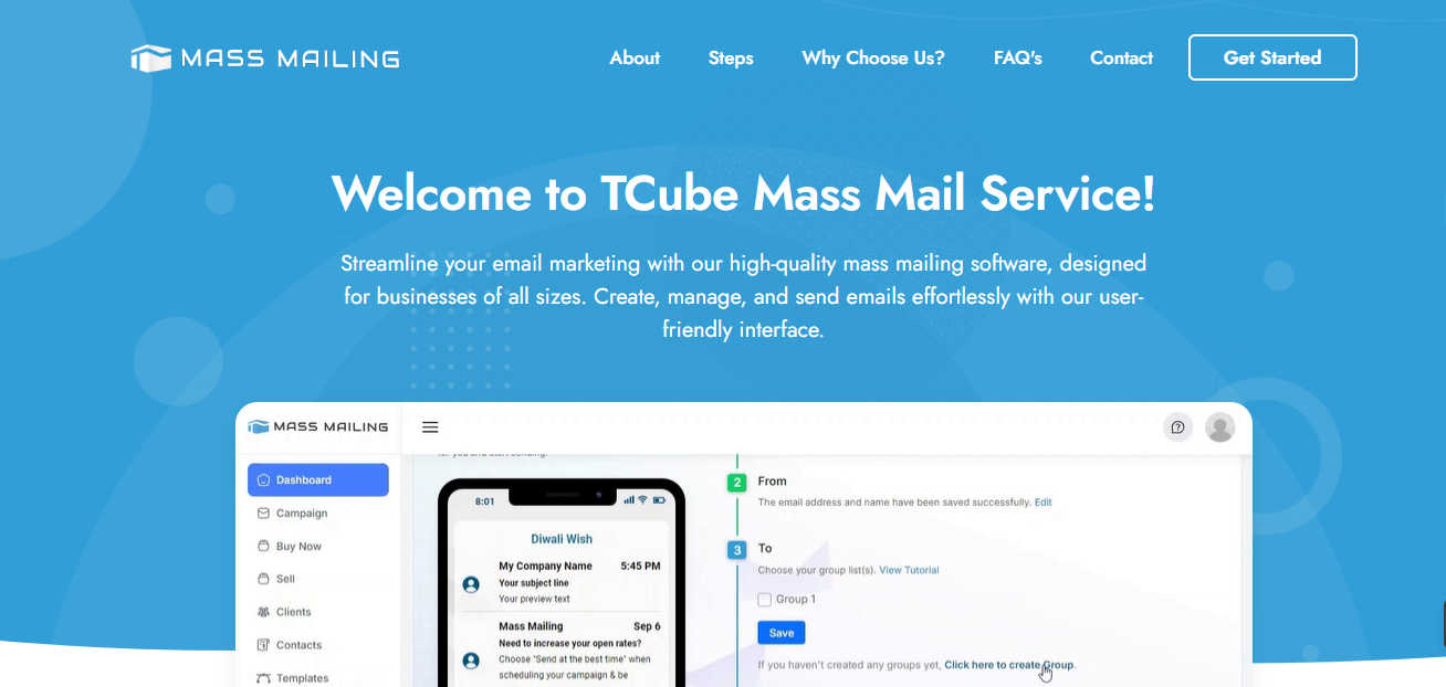 TCube Mass Mail application interface and features