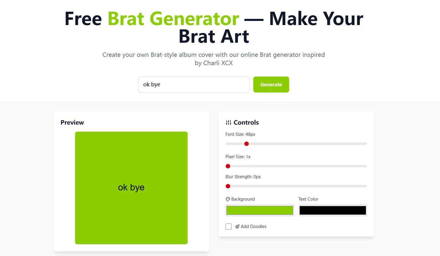 Brat Generator application interface and features