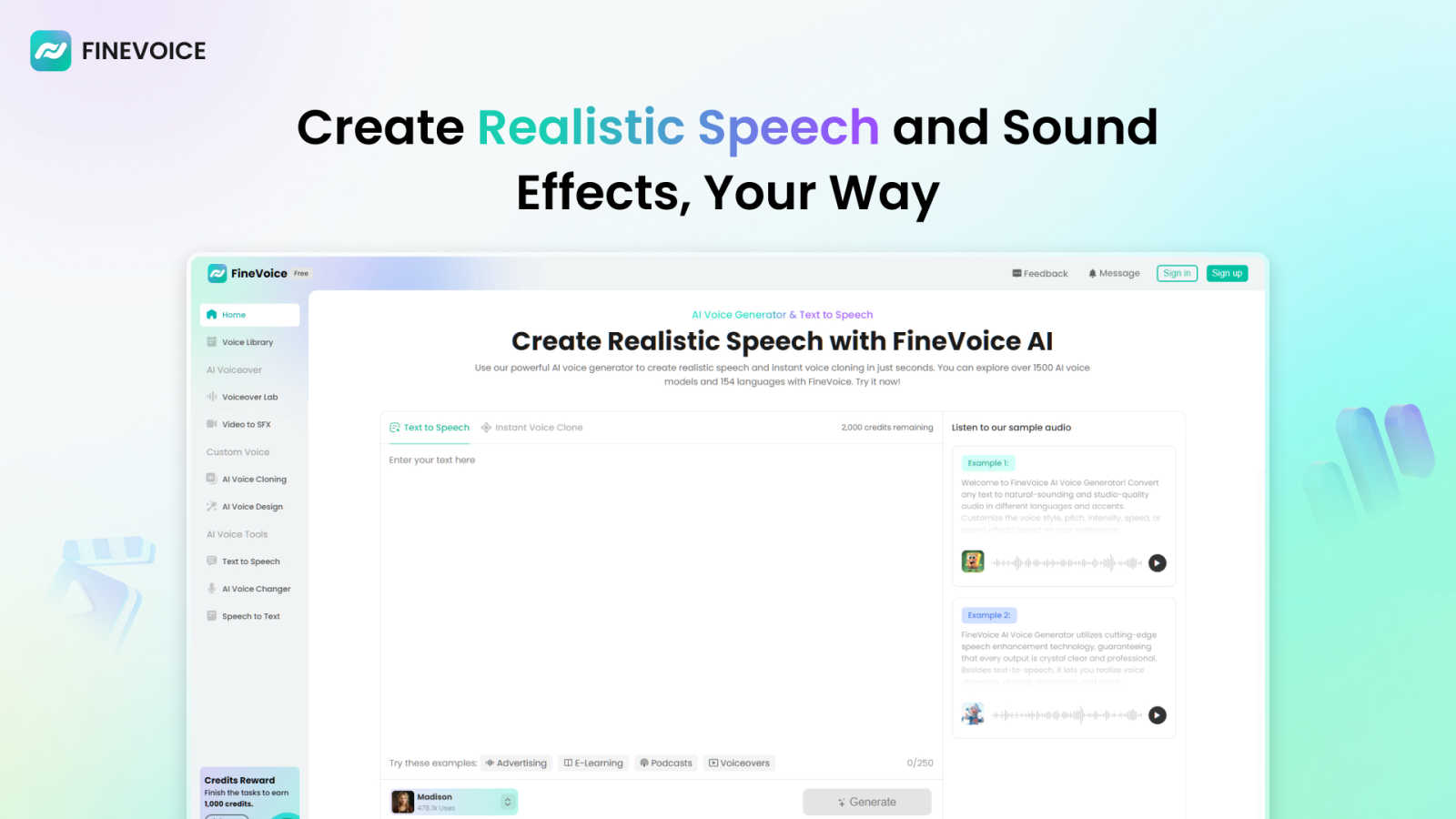 FineVoice application interface and features