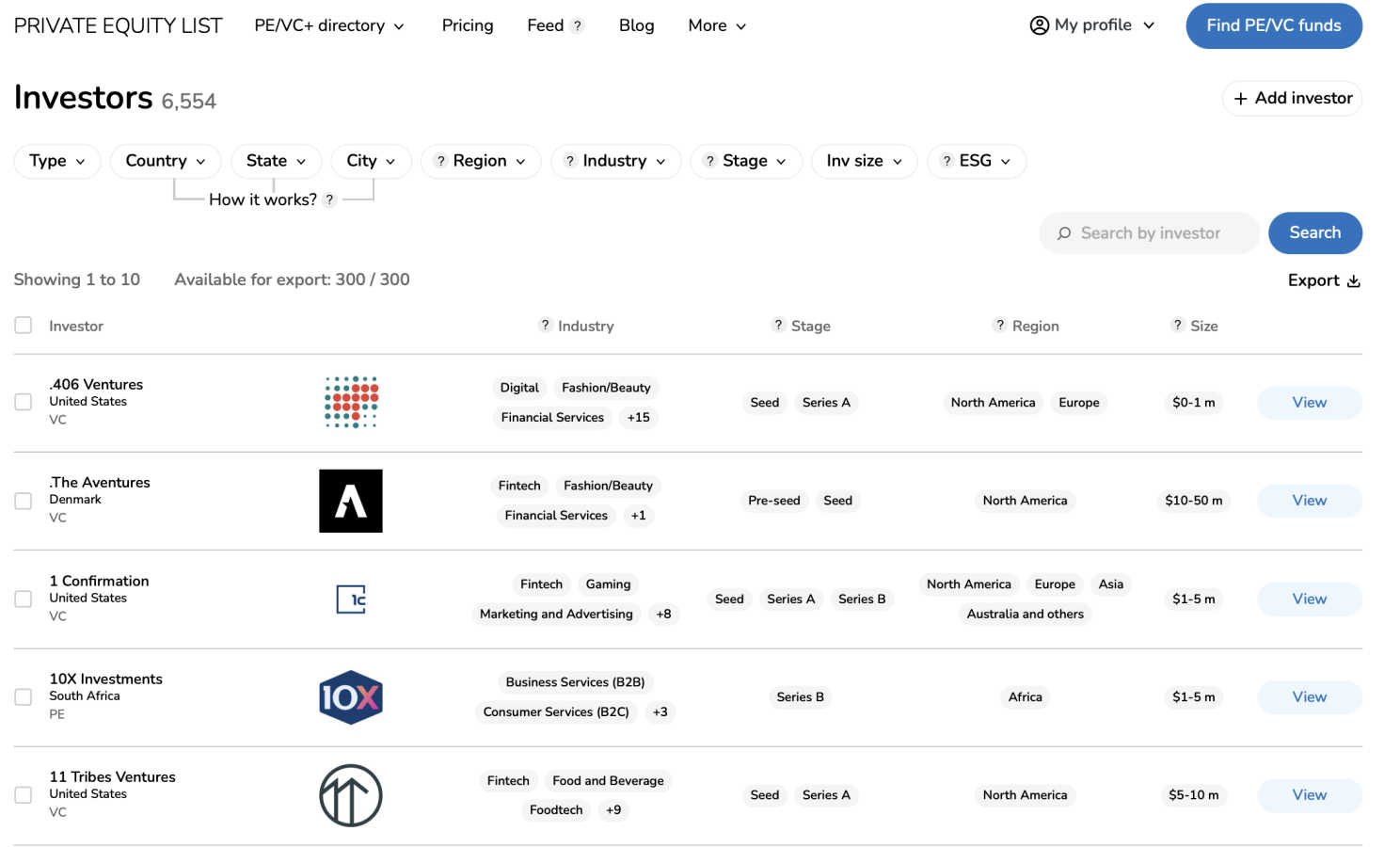 Private Equity List application interface and features