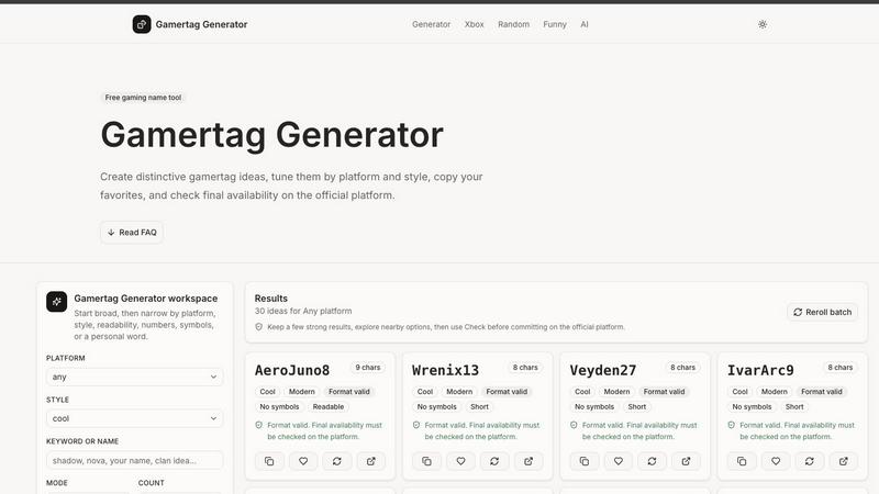 gamertaggenerator application interface and features